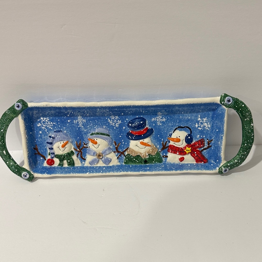 Festive Snowman Holiday Tray with Green Handles